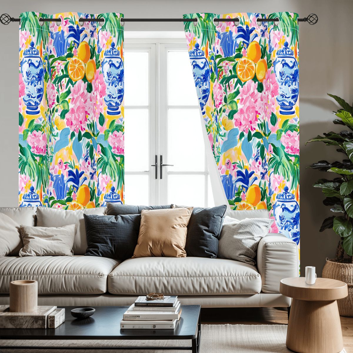 Preppy Floral Asian Chinoiserie Pink Blue Orange Citrus Blackout Curtain Panels - Splash of Color Co.