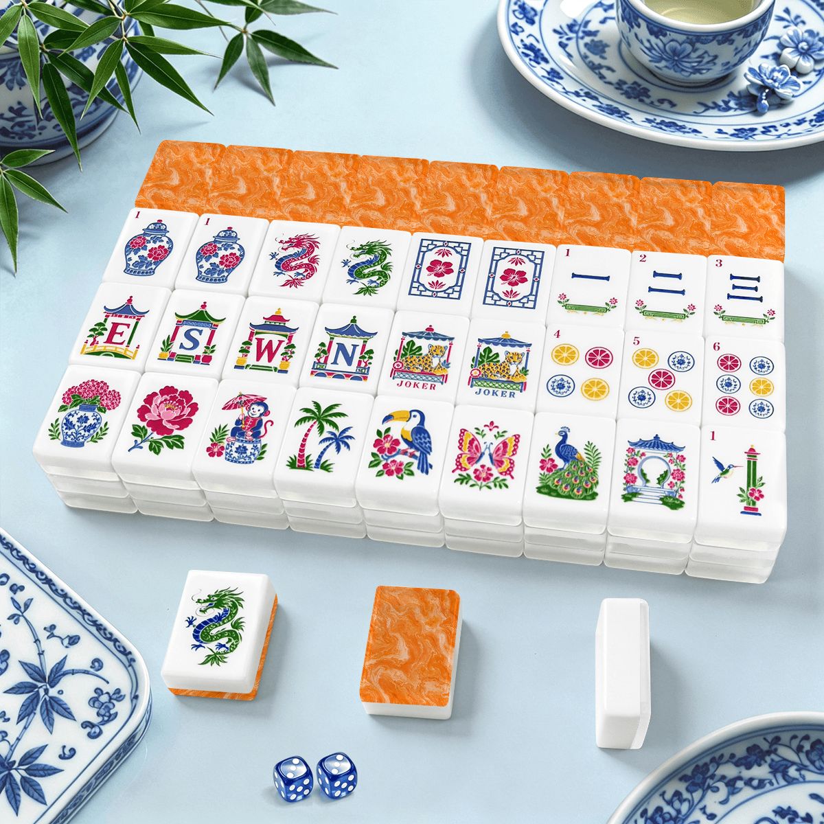 Orange Marbled Chinoiserie American Mahjong Tiles And Carry Case - Splash Of Mahj And Color Co.