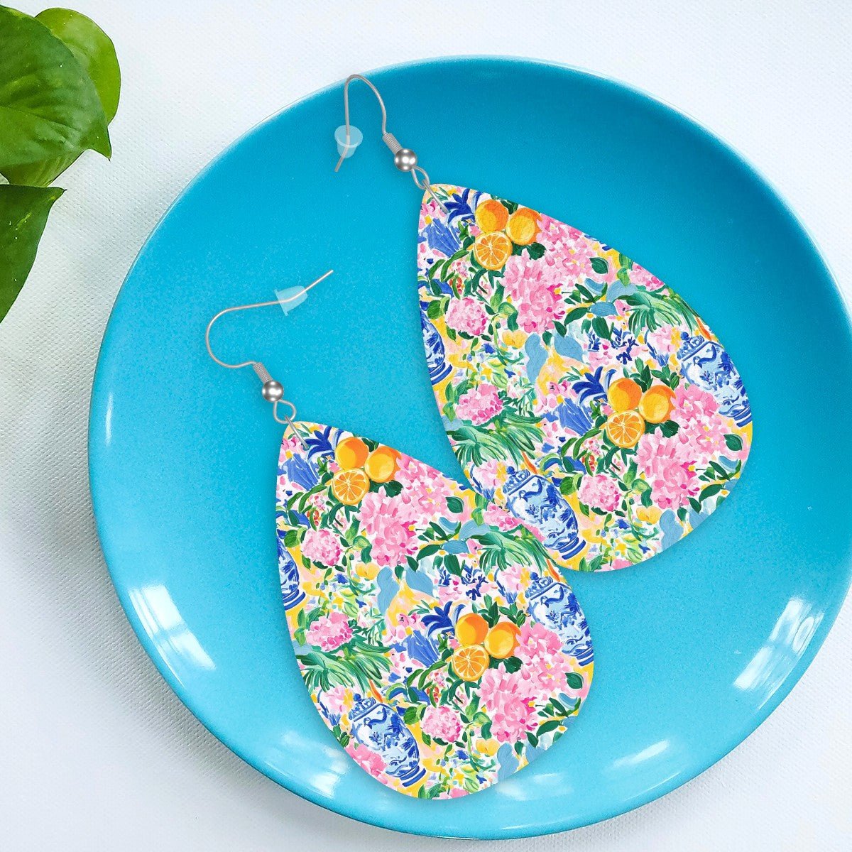Pretty Preppy Chinoiserie Pastel Tropical Leather Teardrop Earrings - Splash of Color Co.