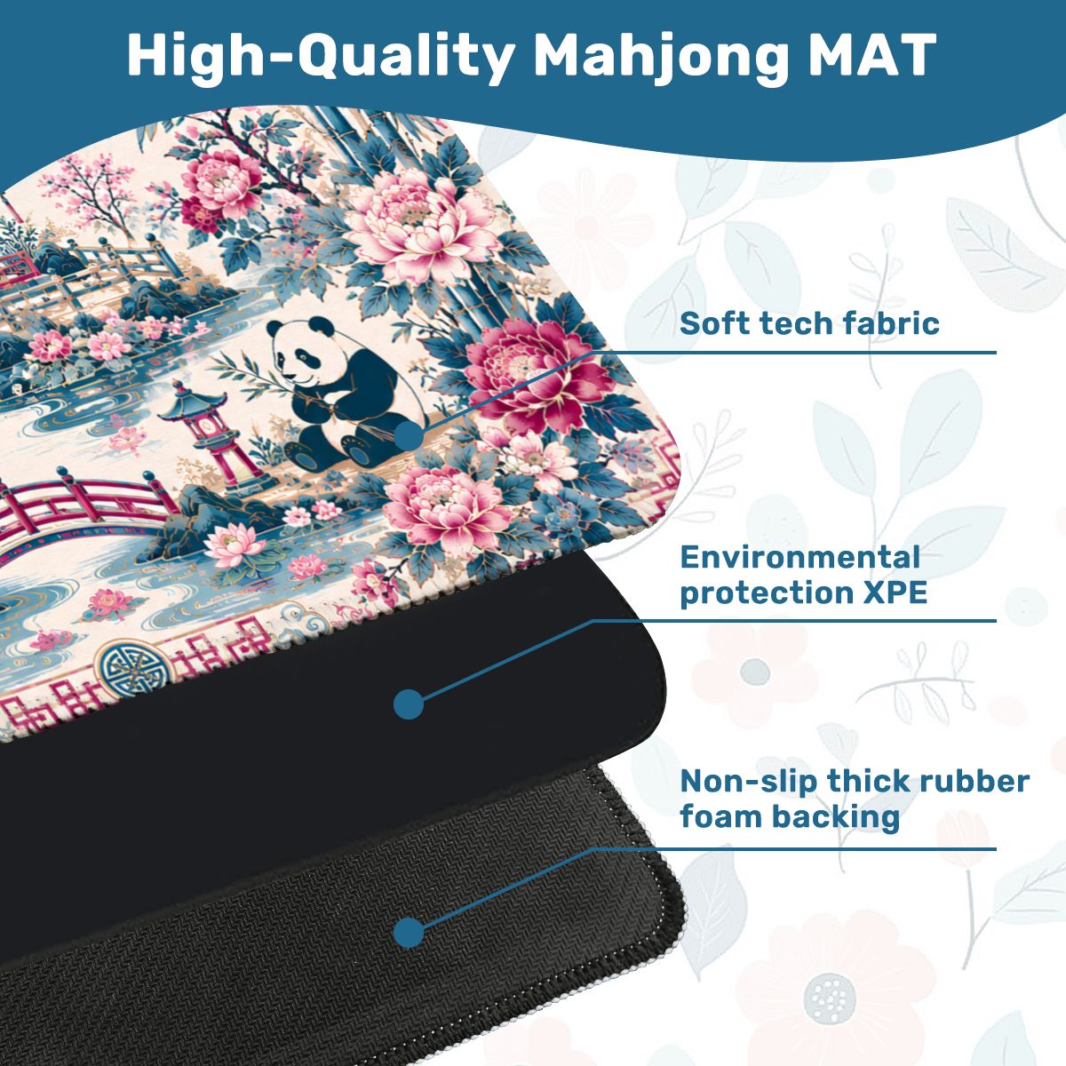 Playful Pandas And Dragon Chinoiserie Pagoda Mahjong Mat Blue And Mauve - Splash Of Mahj And Color Co.