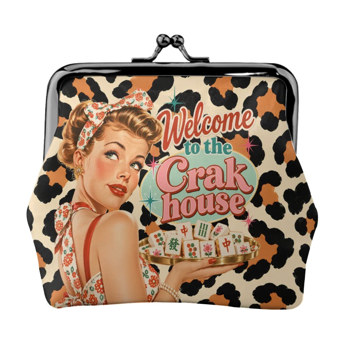 Funny Mahjong Welcome To The Crak House Leopard Print Women's Leather Kiss Lock Coin Purse - Splash Of Mahj And Color Co.