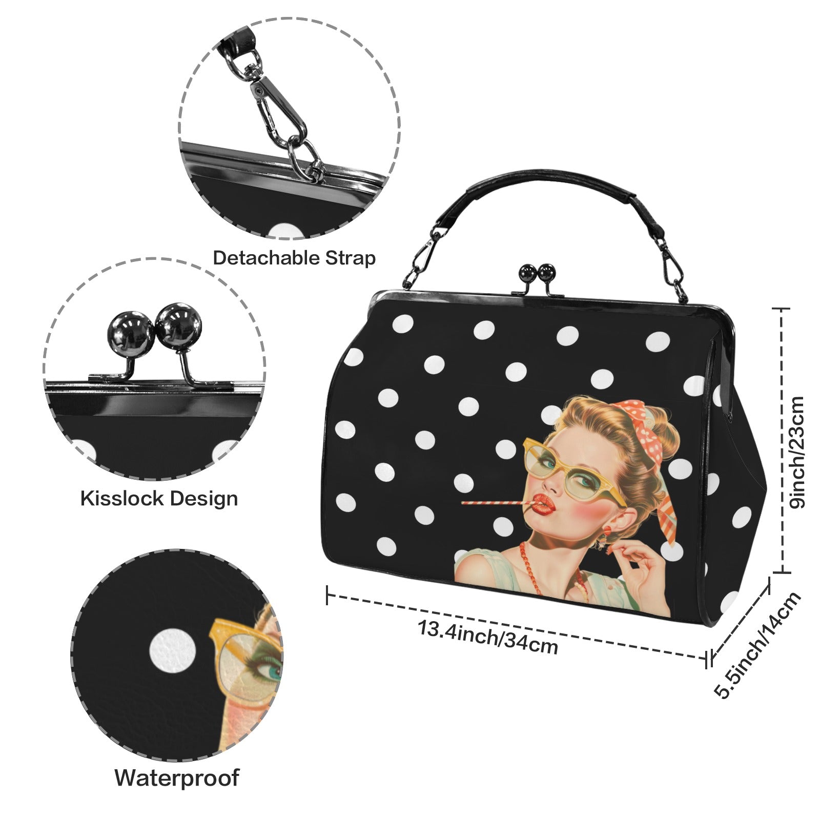 Trendy Black And White Polka Dot Nostalgic Sassy Girl Kisslock Handbag Kisslock Crossbody Shoulder Bag - Splash of Color Co.