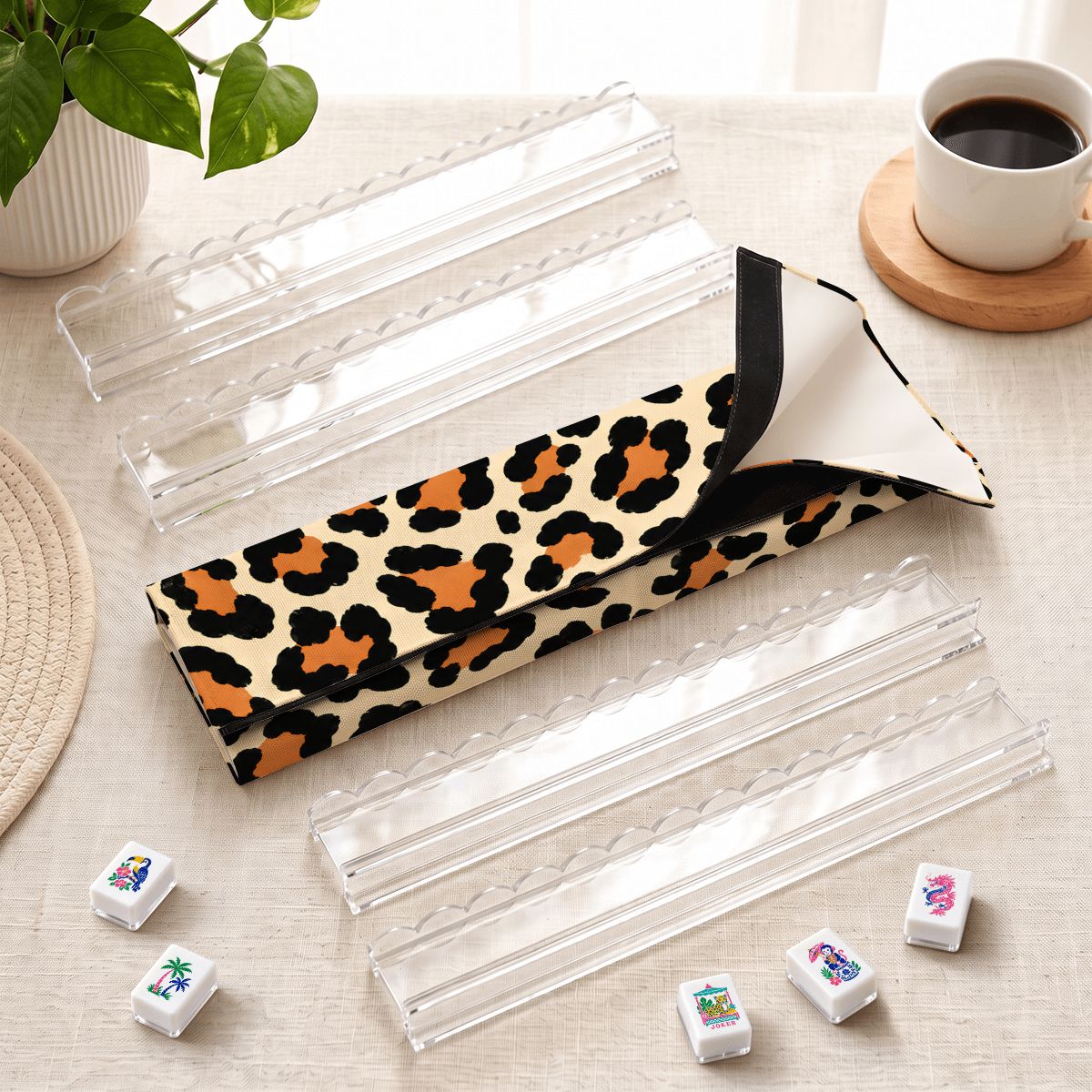Leopard Print Bag Wrap Extended Mahjong Rack Set  4pcs Scalloped Pushers