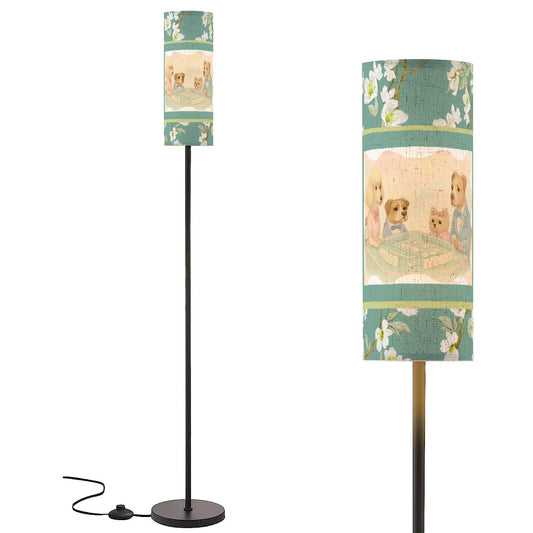 Whimsical Dogs Playing Mahjong Reading Nook Asian Floral Designed Modern Floor Lamp