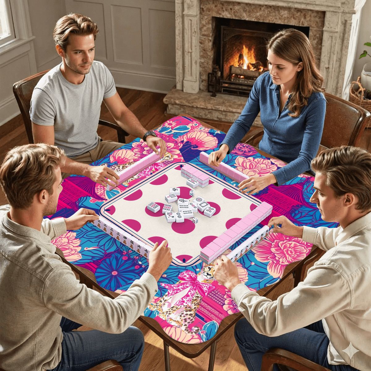 Scalloped Mahjong Mat Cheetah Dynasty Pink Pagoda - Splash of Color Co.