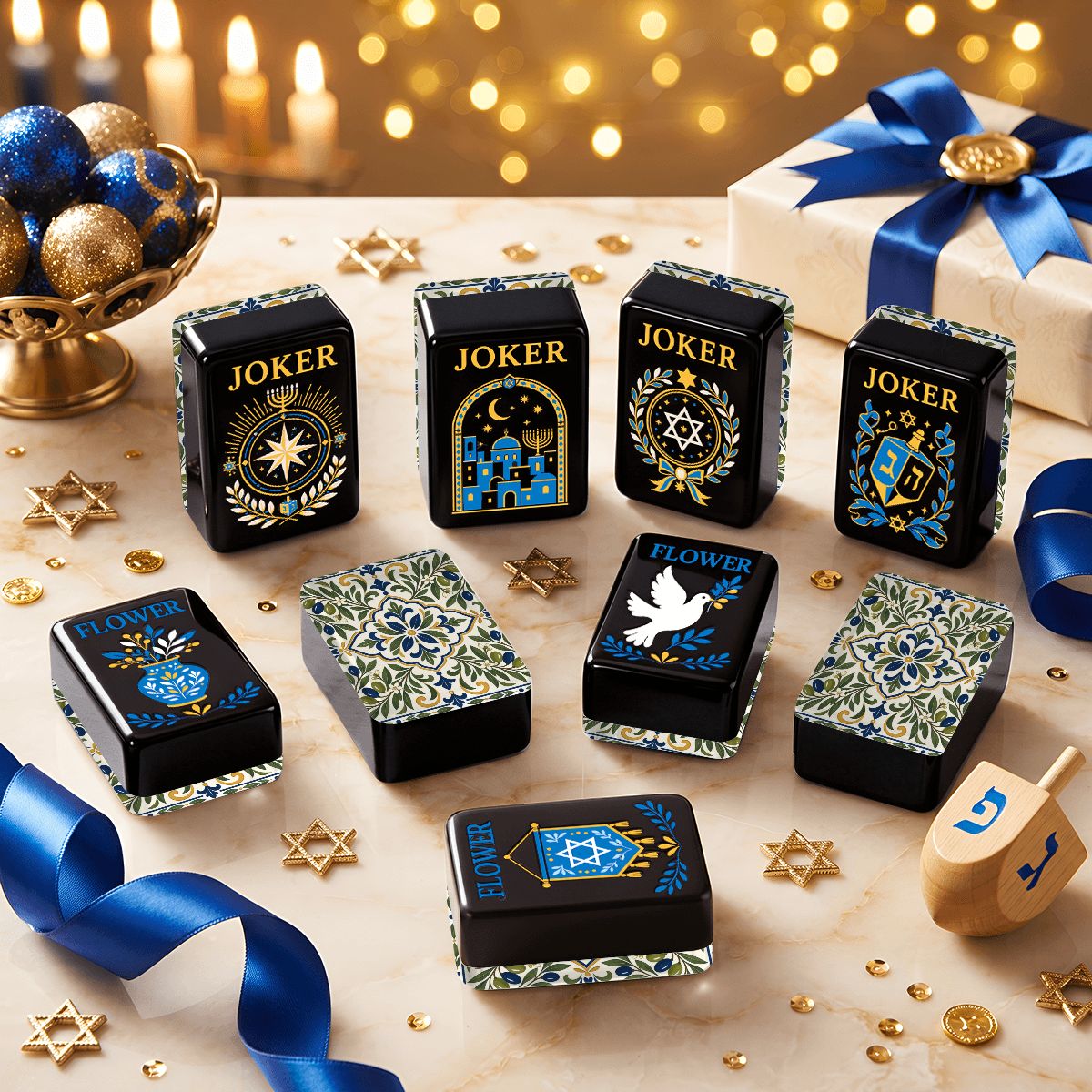 Tuscan Blue And Green Starry Night Hanukkah Mahjong Tiles And Carry Case