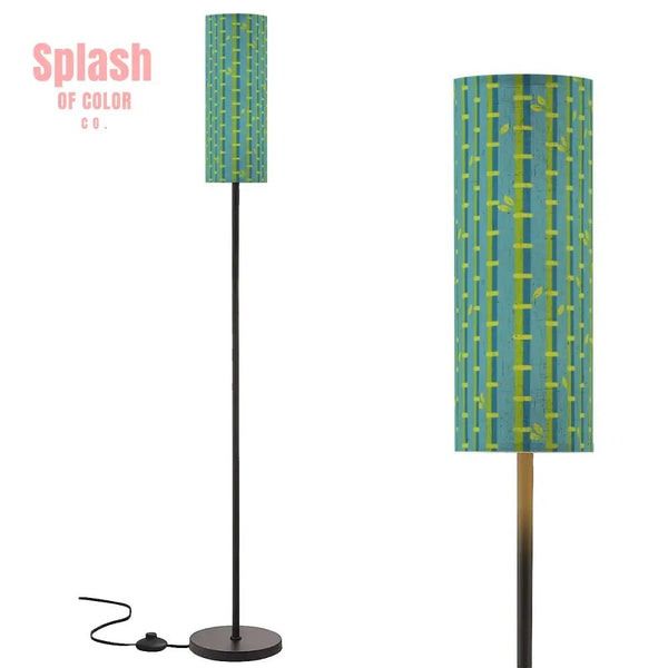 Bamboo Linen Shade In Green Blue Slim Reading Corner Floor Lamp - One Size - Floor Lamps