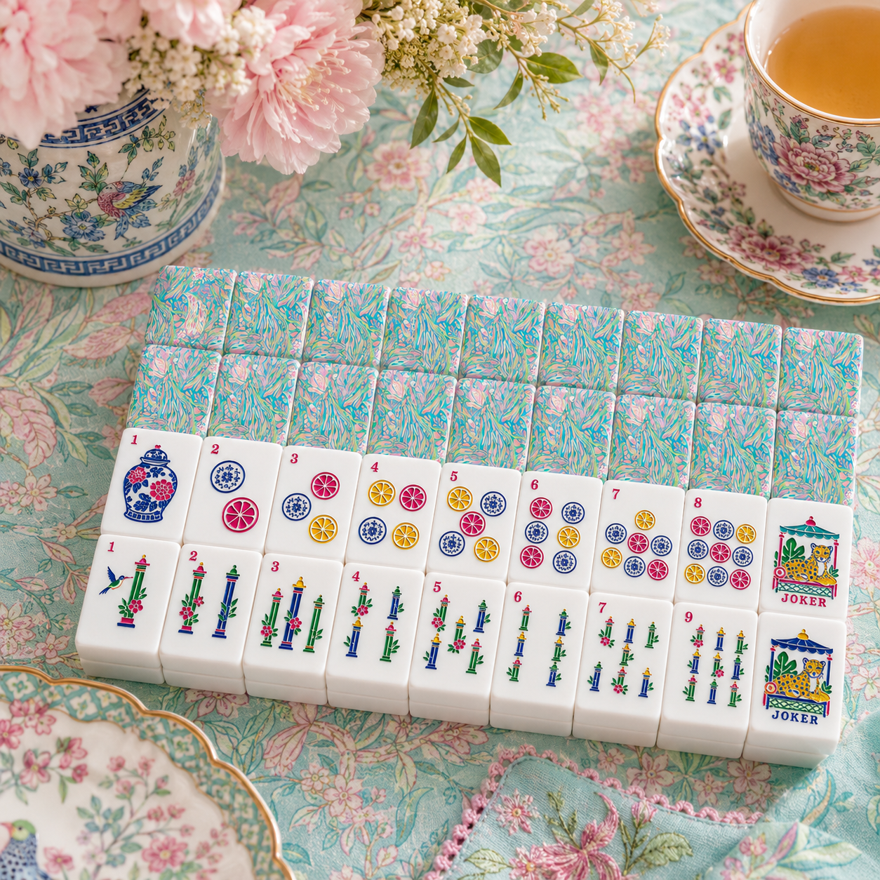 Preppy Chinoiserie Pastel American Mahjong Tiles And Carry Case