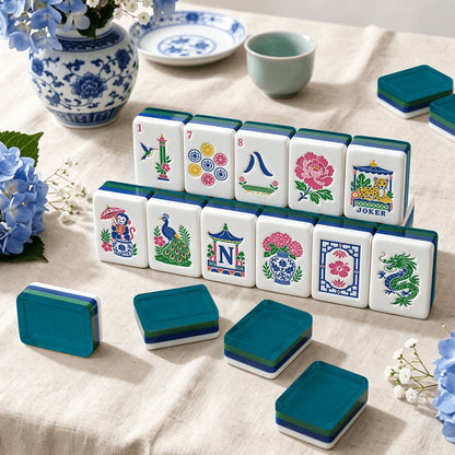 Antique Teal Chinoiserie Chic American Engraved Mahjong Tiles And Carry Case