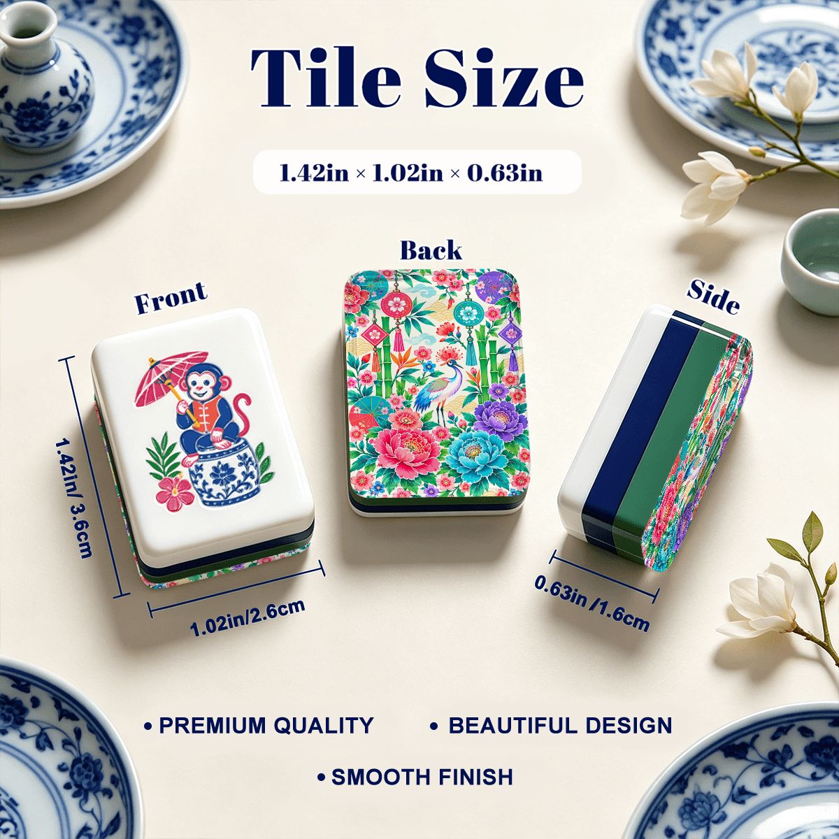 Peony & Parasol Chinoiserie Chic American Engraved Layered Mahjong Tiles - Splash Of Mahj And Color Co.