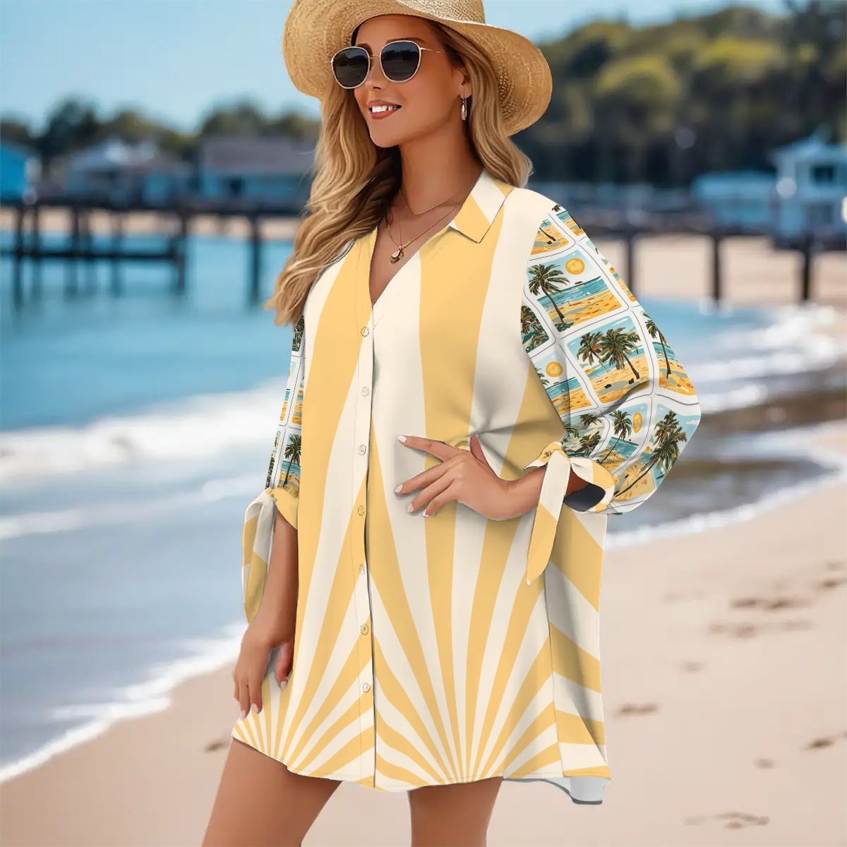 Modern Tropical Wave Palm Tree Women's Cardigan Shirt Three - Quarter Sleeve - Splash of Color Co.