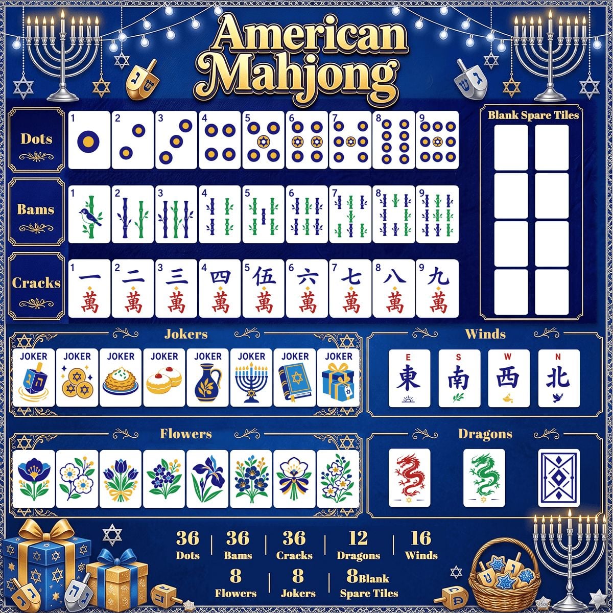 Art Deco Green Hanukkah Mahjong Tiles And Carry Case - Splash Of Mahj And Color Co.