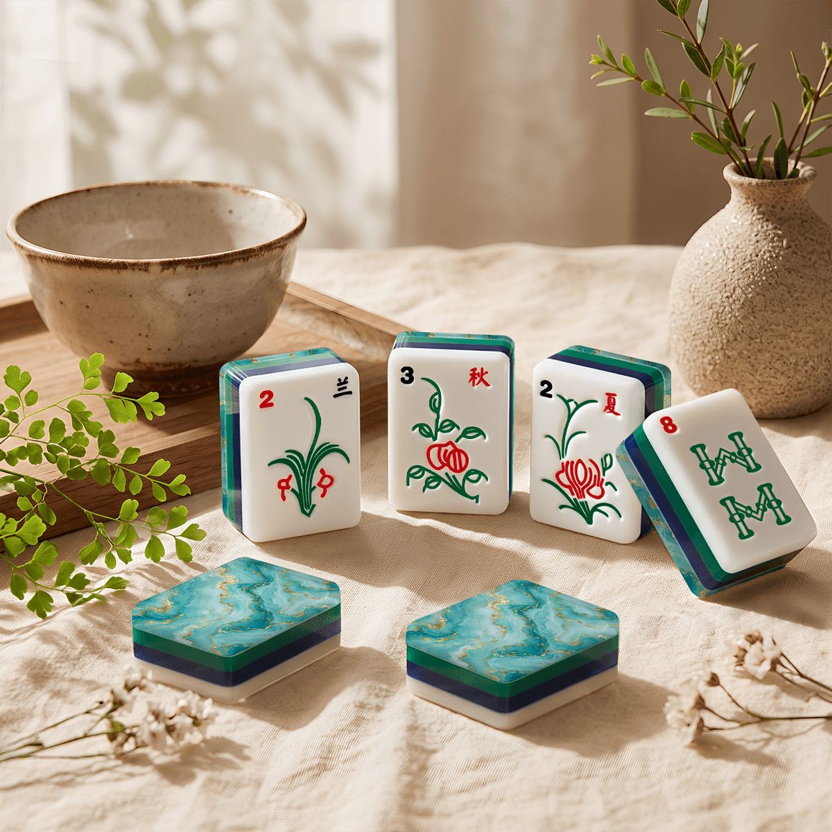 Aquamarine 4Layer American Mahjong Tiles  Blue  Green With Carry Case