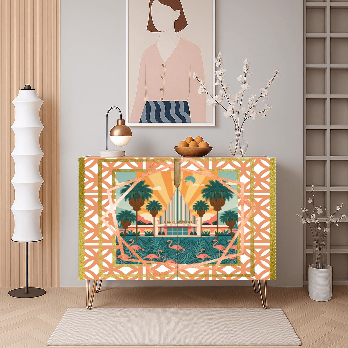 Art Deco Modern Wooden Storage Cabinet, Featuring Palm Springs California - Splash of Color Co.