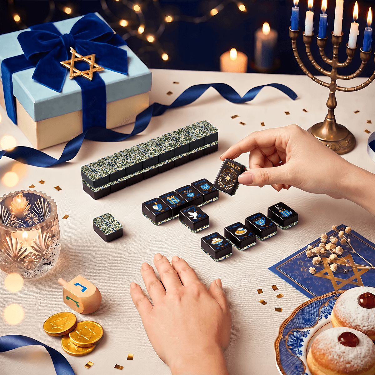 Tuscan Blue And Green Starry Night Hanukkah Mahjong Tiles And Carry Case