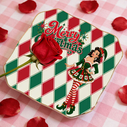 Merry Christmas Madge Harlequin Designed Green And Red Scalloped Ceramic Mahjong Dice Tray - Splash Of Mahj And Color Co.