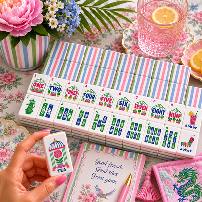 Preppy Pastel Striped Floral Garden Engraved American Mahjong Tiles And Carry Case
