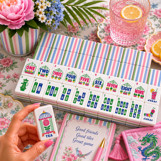 Preppy Pastel Striped Floral Garden Engraved American Mahjong Tiles And Carry Case - Splash Of Mahj And Color Co.