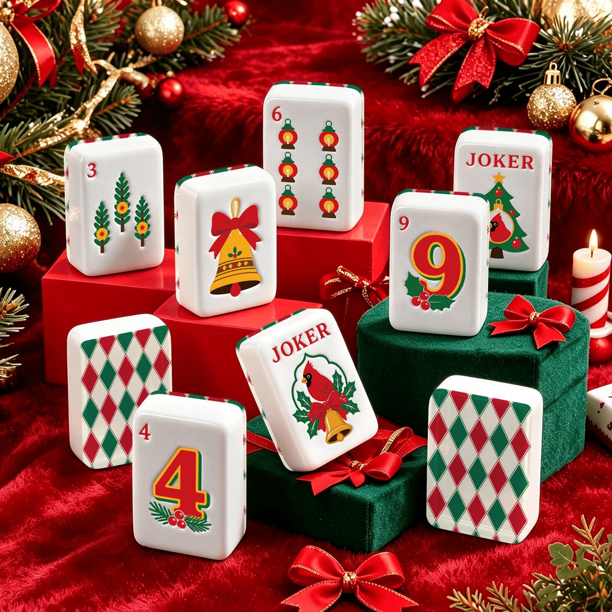 Harlequin Green And Red Christmas Cardinal Mahjong Tiles With Carry Case