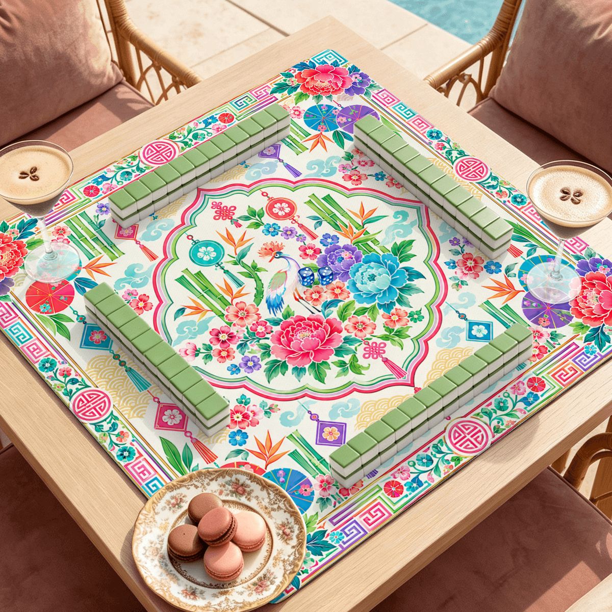 Peony & Parasol Mahjong Mat Sleek Surface - Splash Of Mahj And Color Co.