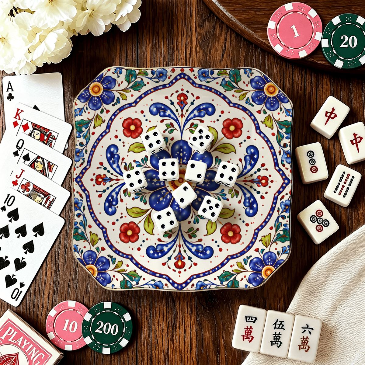 Pottery Porcelain Scalloped Ceramic Mahjong Dice Tray