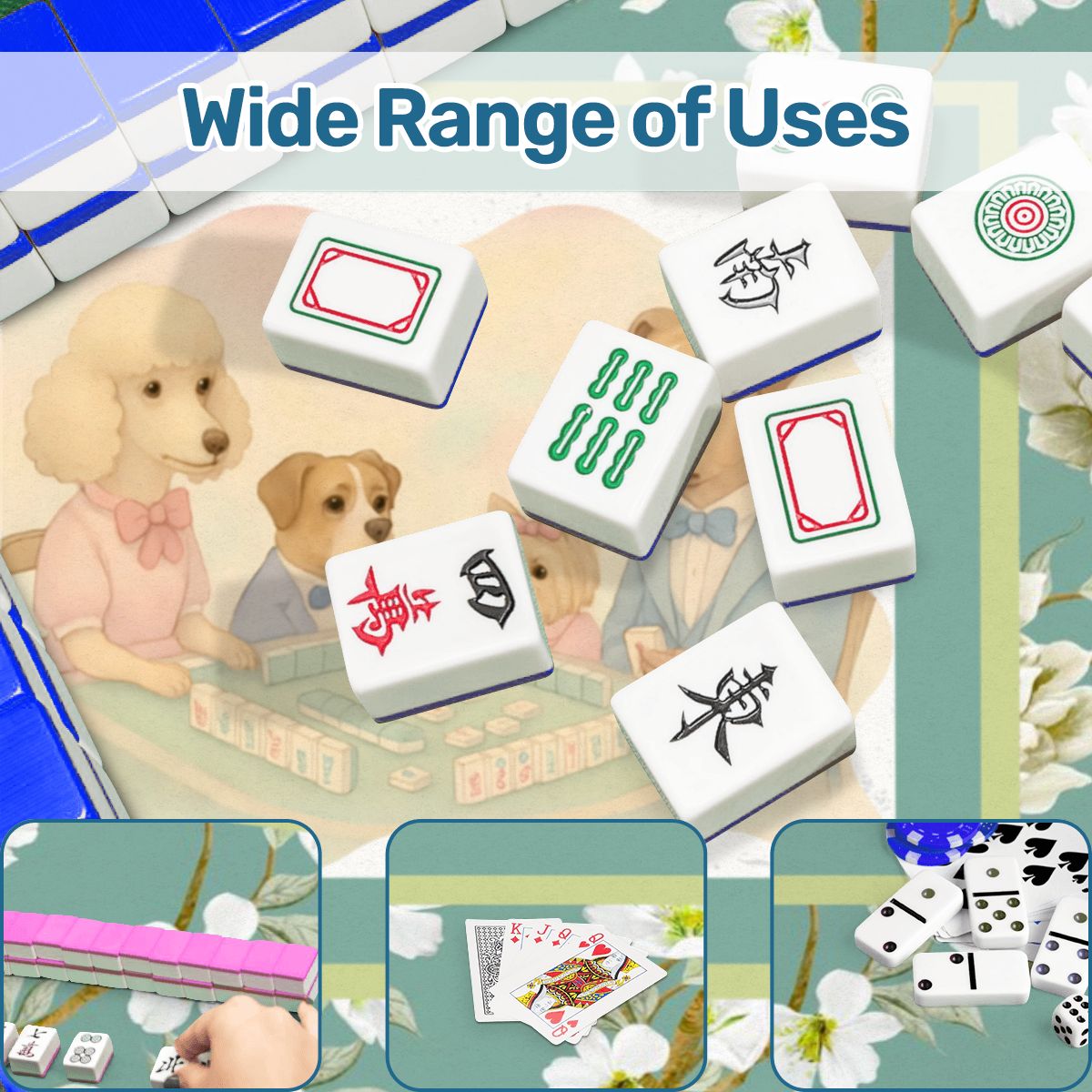 Dogs Playing Mahjong Mat Whimsical Floral Asian Designed Neoprene Mahj Mat