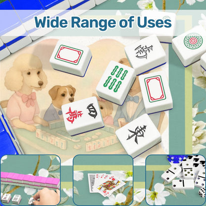 Dogs Playing Mahjong Mat Whimsical Floral Asian Designed Neoprene Mahj Mat