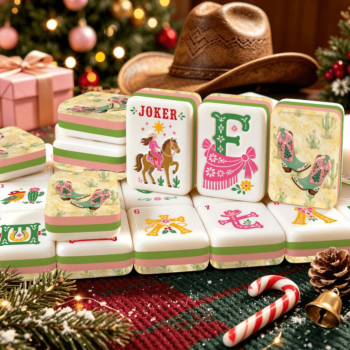 Country Girl Cowboy Boots Pastel Watercolor Yellow Western Christmas Mahjong Tiles And Carry Case - Splash Of Mahj And Color Co.