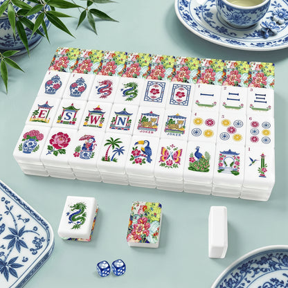 Tobacco Leaf Floral Engraved Chinoiserie American Mahjong Tiles And Carry Case