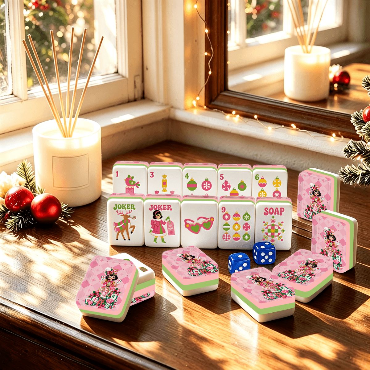 Mahjie The Mascot NutcrackerPreppy Pink Christmas Mahjong Tiles And Carry Case