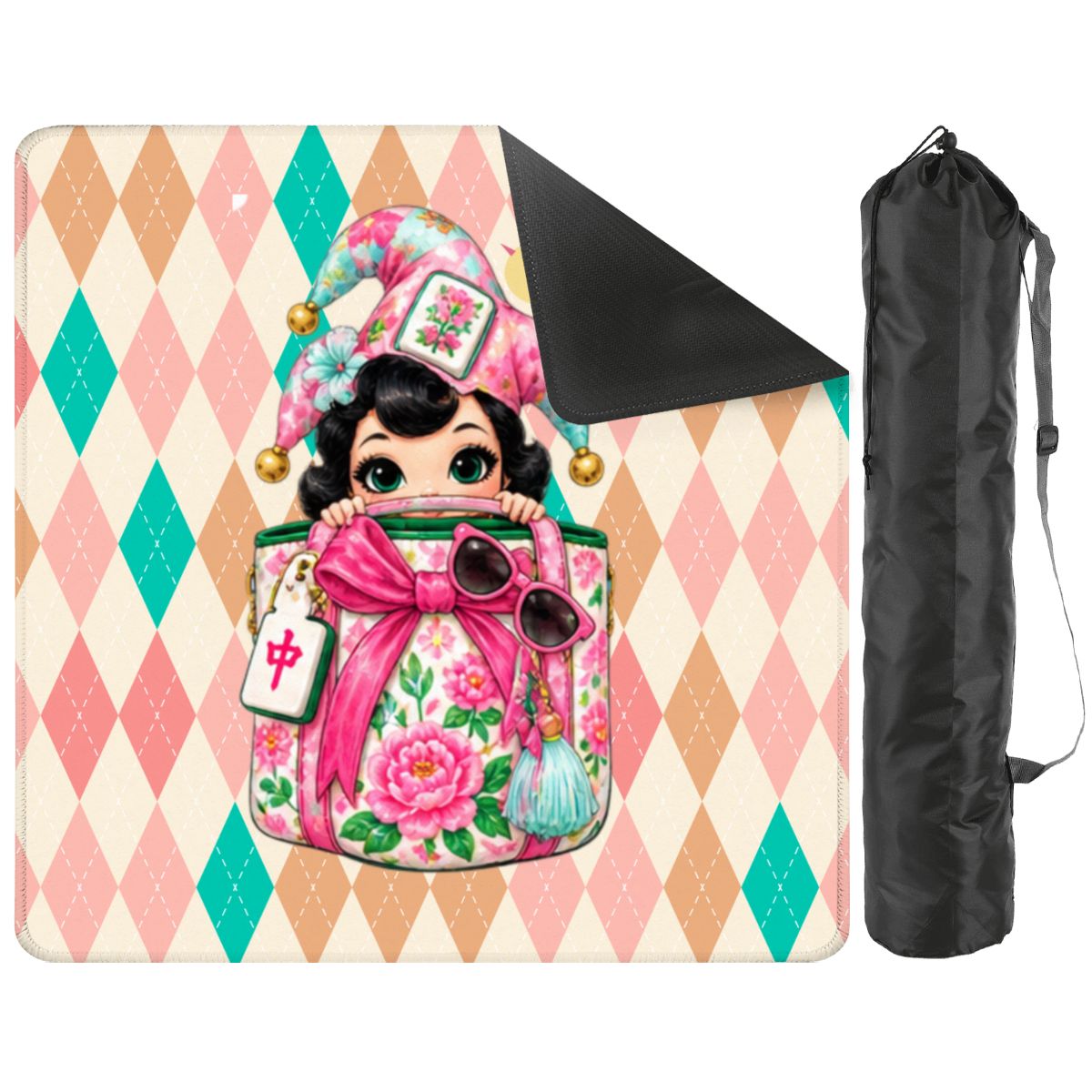 Mahjie The Mascot Harlequin Designed Mini Travel Mahjong Mat - Splash Of Mahj And Color Co.