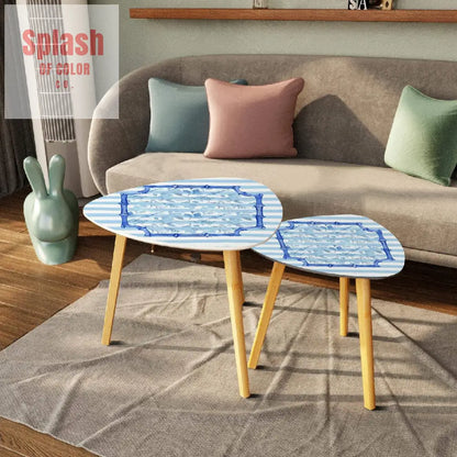 Blue And White Striped Floral Asian Bamboo Designed Modern Triangle Coffee Table Set of 2 - One Size - Home Accessories