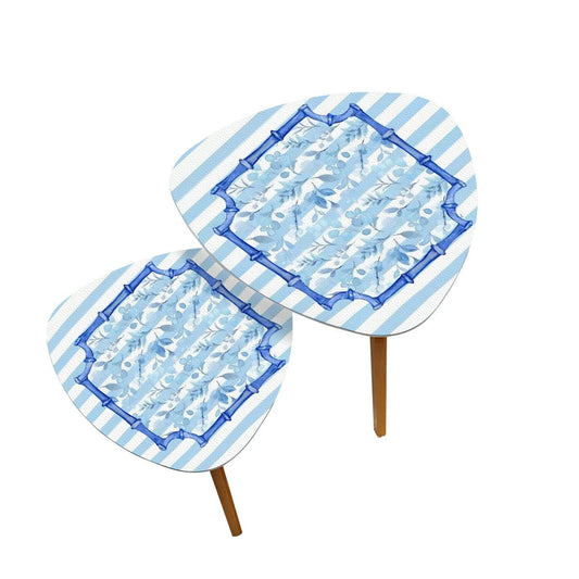 Blue And White Striped Floral Asian Bamboo Designed Modern Triangle Coffee Table Set of 2 - One Size - Home Accessories
