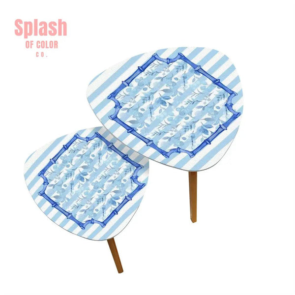 Blue And White Striped Floral Asian Bamboo Designed Modern Triangle Coffee Table Set of 2 - One Size - Home Accessories