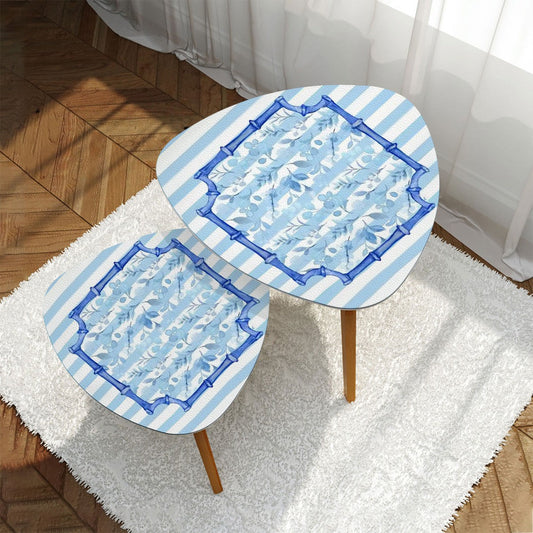 Blue And White Striped Floral Asian Bamboo Designed Modern Triangle Coffee Table Set of 2 - One Size - Home Accessories