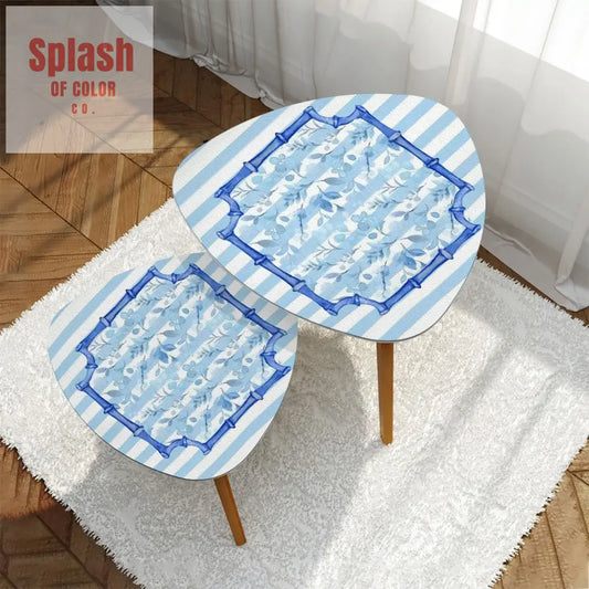 Blue And White Striped Floral Asian Bamboo Designed Modern Triangle Coffee Table Set of 2 - One Size - Home Accessories