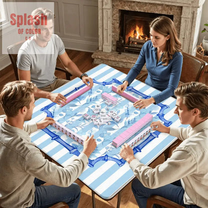 Blue And White Striped Preppy Floral Asian Chinoiserie Flower Border Mahjong Mat - 31.5’’x31.5’’ - Daily Accessories