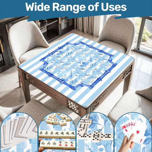 Blue And White Striped Preppy Floral Asian Chinoiserie Flower Border Mahjong Mat - 31.5’’x31.5’’ - Daily Accessories