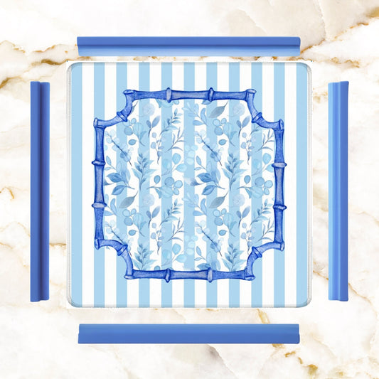 Blue And White Striped Preppy Floral Asian Chinoiserie Flower Border Mahjong Mat - 31.5’’x31.5’’ - Daily Accessories