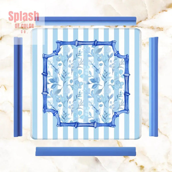 Blue And White Striped Preppy Floral Asian Chinoiserie Flower Border Mahjong Mat - 31.5’’x31.5’’ - Daily Accessories