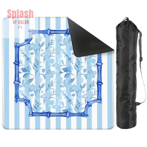 Blue And White Striped Preppy Floral Asian Chinoiserie Flower Border Mahjong Mat - 31.5’’x31.5’’ - Daily Accessories