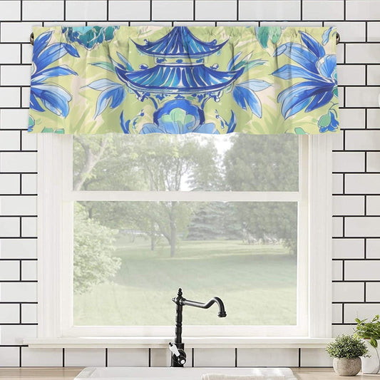 Blue Green Asian Pagoda Floral Cafe Kitchen Valance - One Size - Curtains
