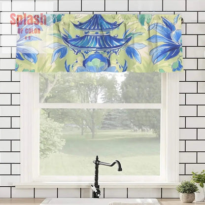 Blue Green Asian Pagoda Floral Cafe Kitchen Valance - One Size - Curtains