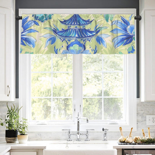 Blue Green Asian Pagoda Floral Cafe Kitchen Valance - One Size - Curtains