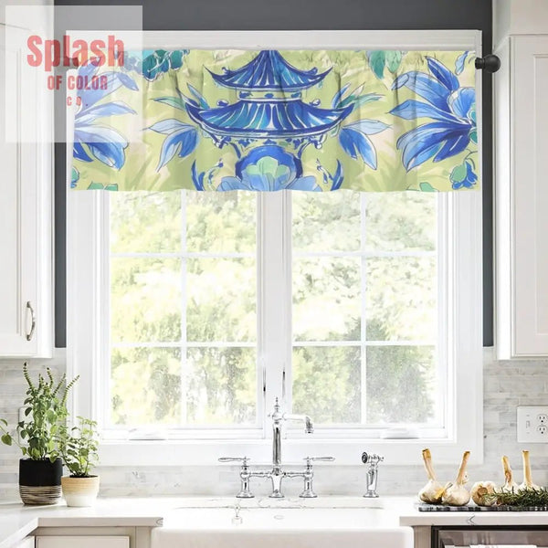 Blue Green Asian Pagoda Floral Cafe Kitchen Valance - One Size - Curtains