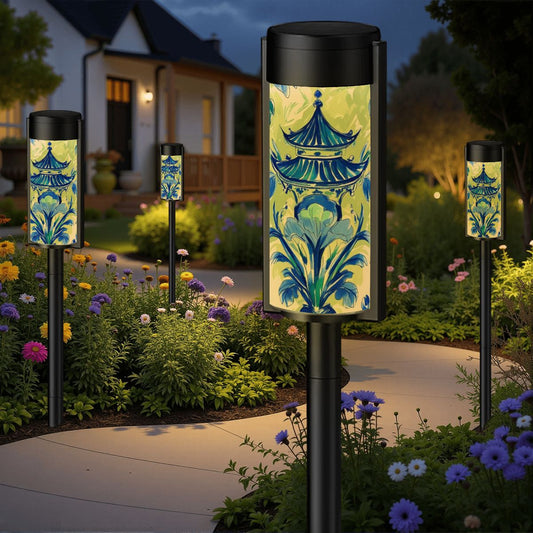 Blue Green Asian Pagoda Zen Garden Outdoor Solar Lights - 4pcs - Garden Decor