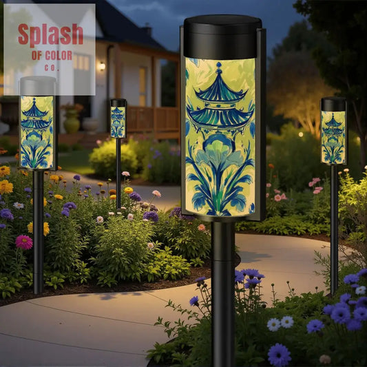 Blue Green Asian Pagoda Zen Garden Outdoor Solar Lights - 4pcs - Garden Decor
