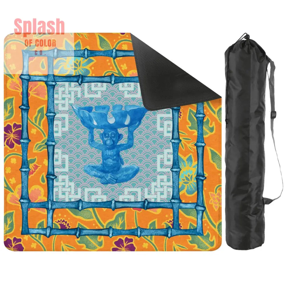 Blue Orange Floral Monkey Chinoiserie Whimsical Mahjong Mat - 2mm (Black Bag) - Daily Accessories