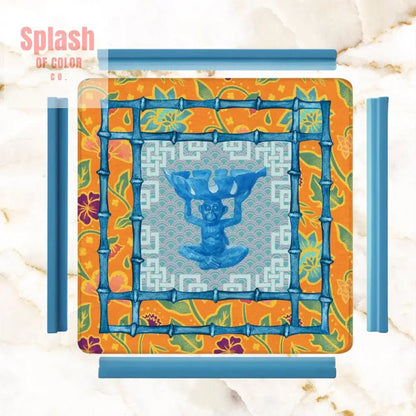 Blue, Orange Floral Monkey Chinoiserie Whimsical Mahjong Mat - Splash of Color co.