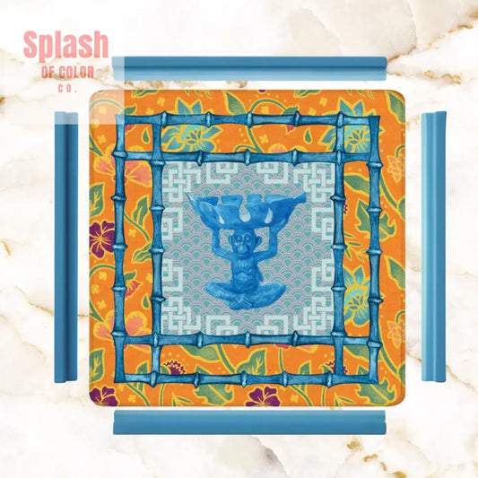 Blue Orange Floral Monkey Chinoiserie Whimsical Mahjong Mat - Daily Accessories